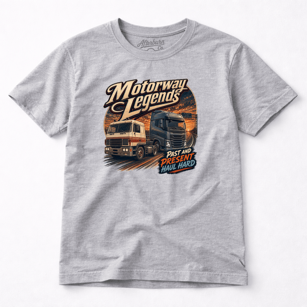 Camberline Motorway Legends Lorry T-Shirt showing the front graphic print for lorries and haulage clothing