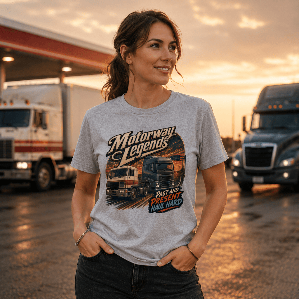 Model wearing the Camberline Motorway Legends Lorry T-Shirt with lorry graphic clothing design