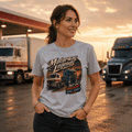 Model wearing the Camberline Motorway Legends Lorry T-Shirt with lorry graphic clothing design
