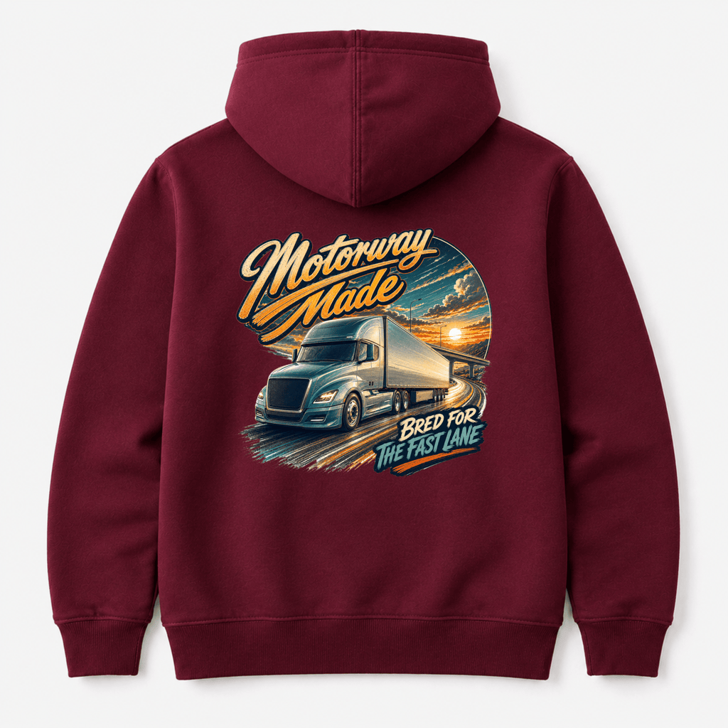 Camberline Motorway Made Lorry Hoodie showing the back graphic print for lorries and haulage clothing