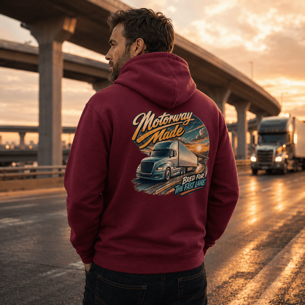 Model wearing the Camberline Motorway Made Lorry Hoodie with lorry graphic clothing design