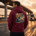 Model wearing the Camberline Motorway Made Lorry Hoodie with lorry graphic clothing design