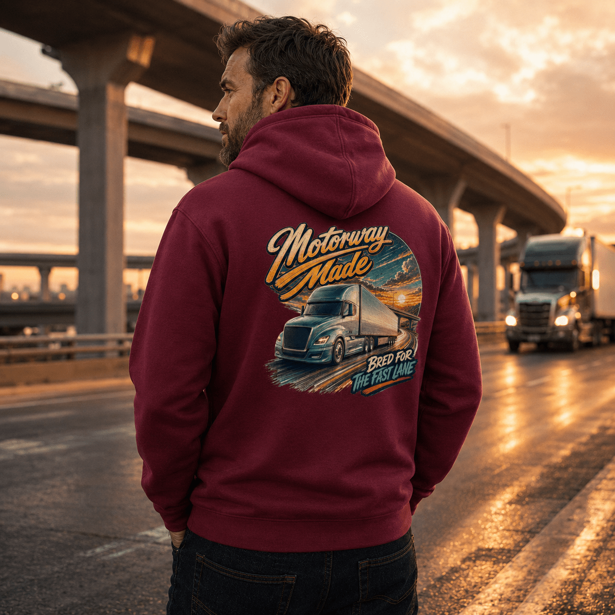Model wearing the Camberline Motorway Made Lorry Hoodie with lorry graphic clothing design