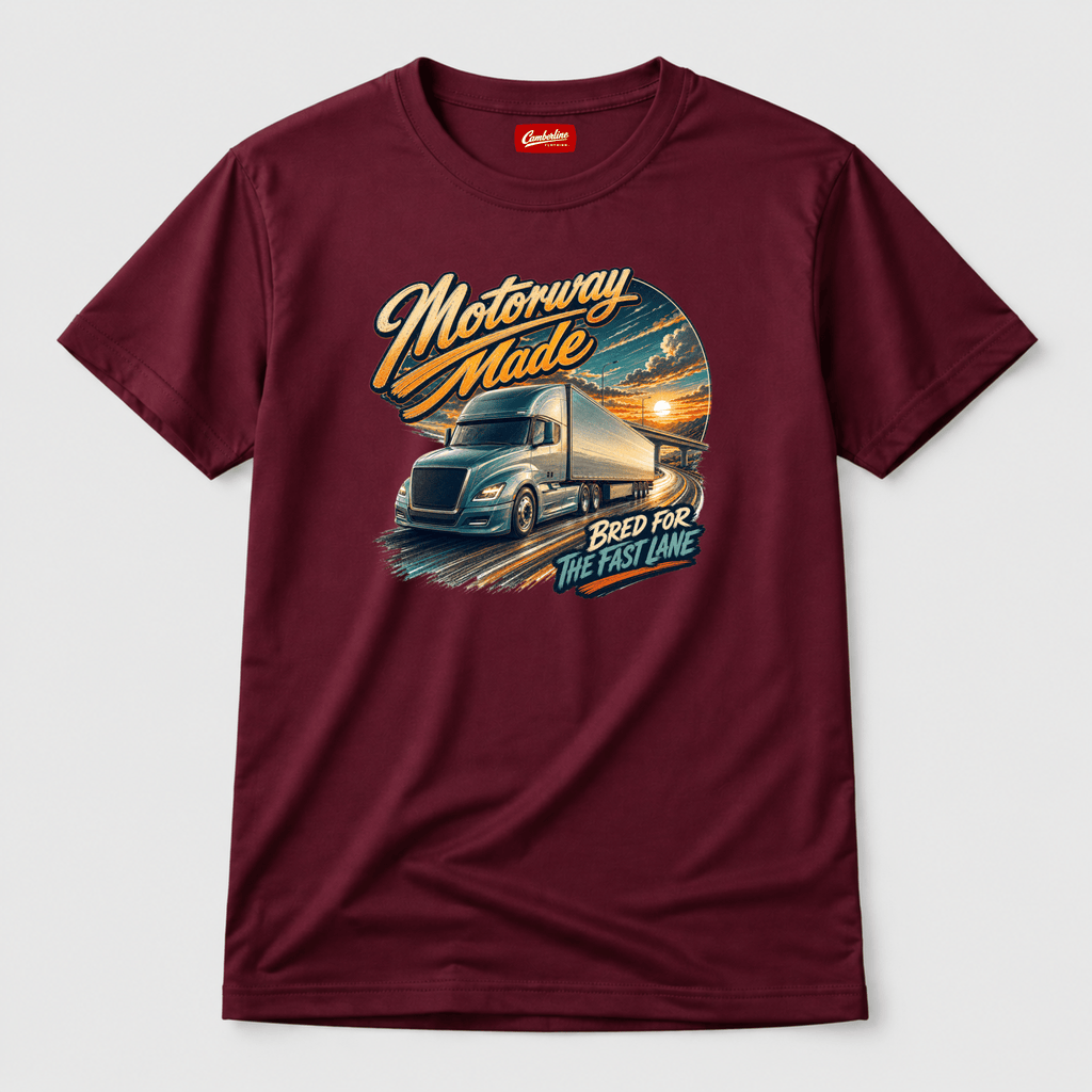 Camberline Motorway Made Lorry T-Shirt showing the front graphic print for lorries and haulage clothing