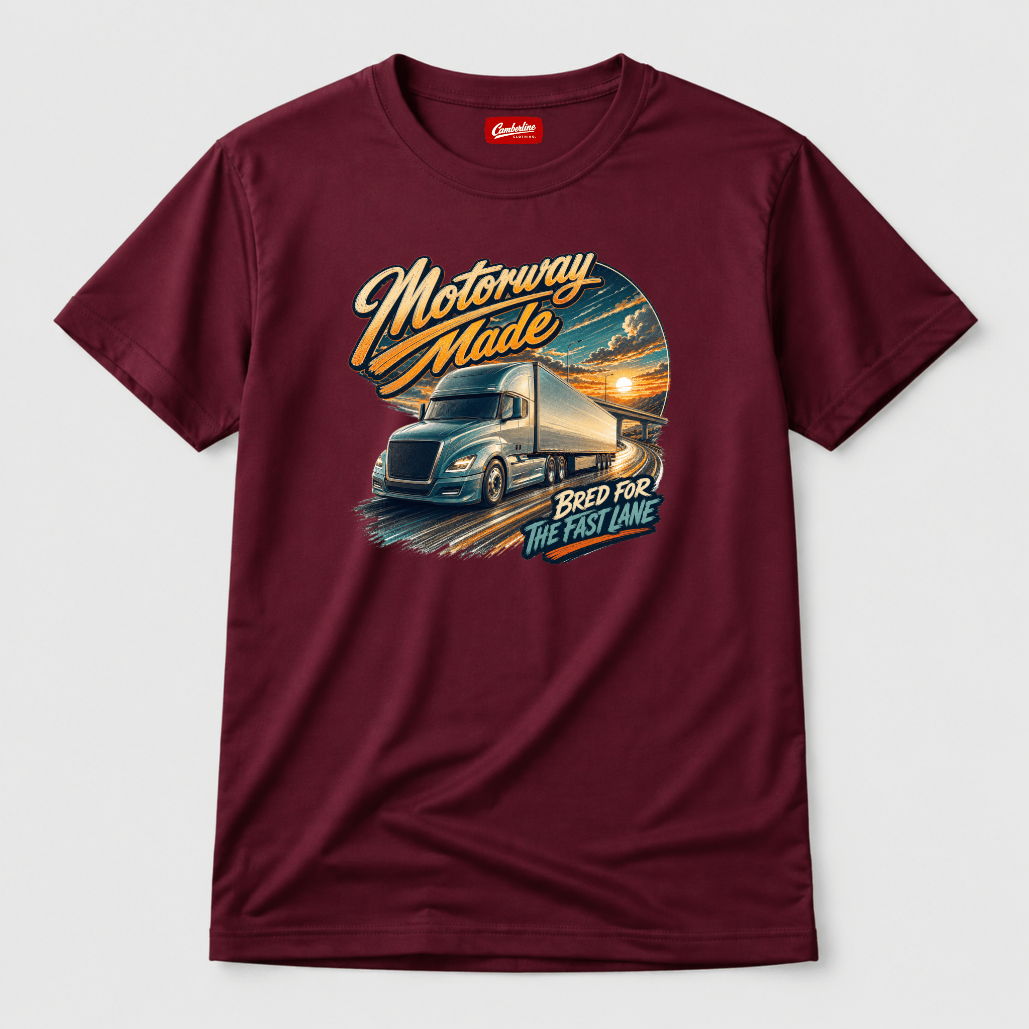 Camberline Motorway Made Lorry T-Shirt showing the front graphic print for lorries and haulage clothing