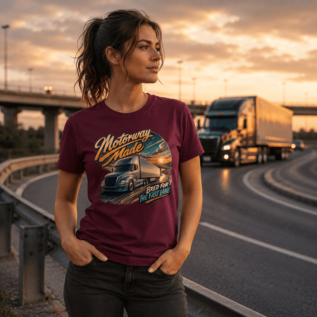 Model wearing the Camberline Motorway Made Lorry T-Shirt with lorry graphic clothing design