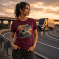 Model wearing the Camberline Motorway Made Lorry T-Shirt with lorry graphic clothing design