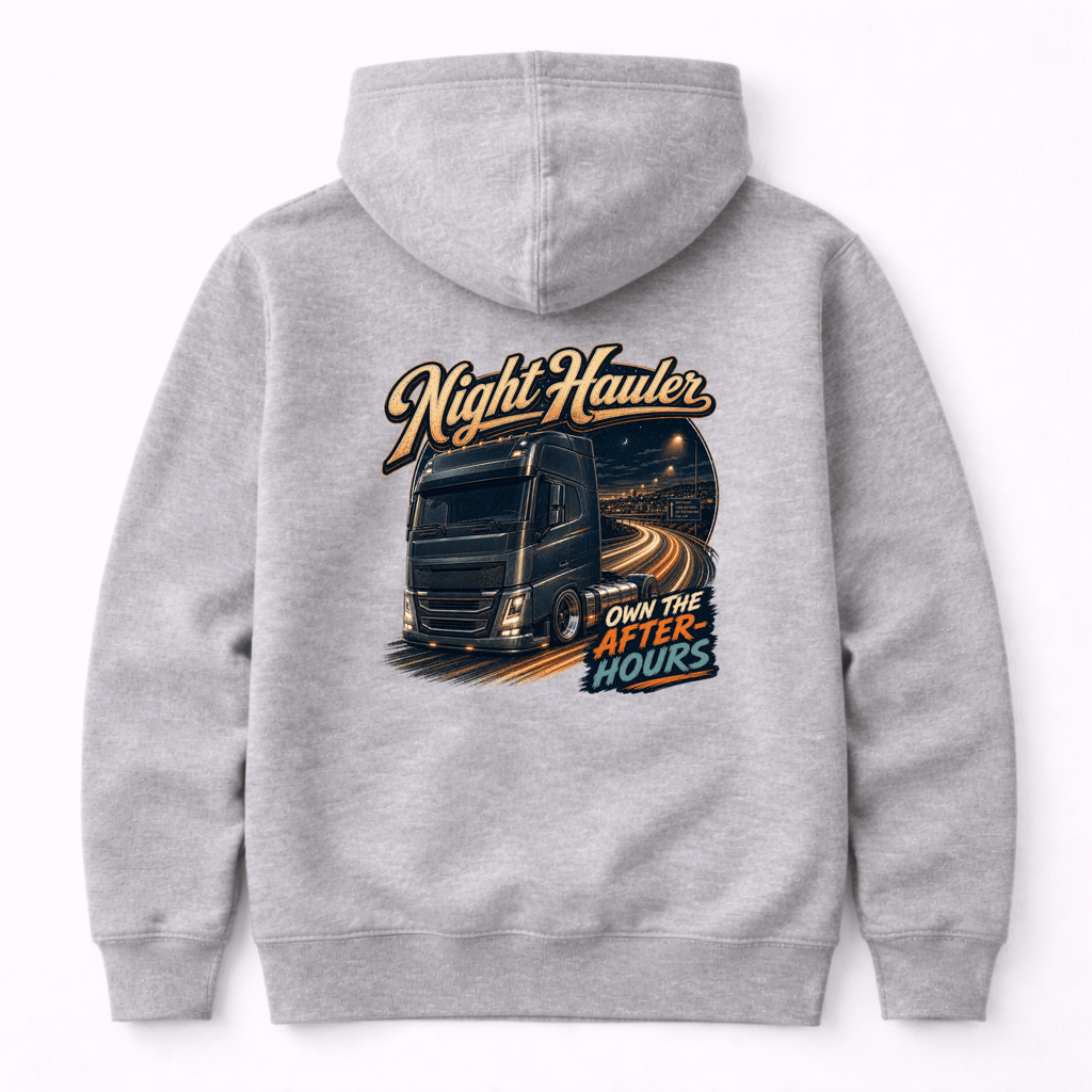 Camberline Night Hauler Hoodie showing the back graphic print for lorries and haulage clothing