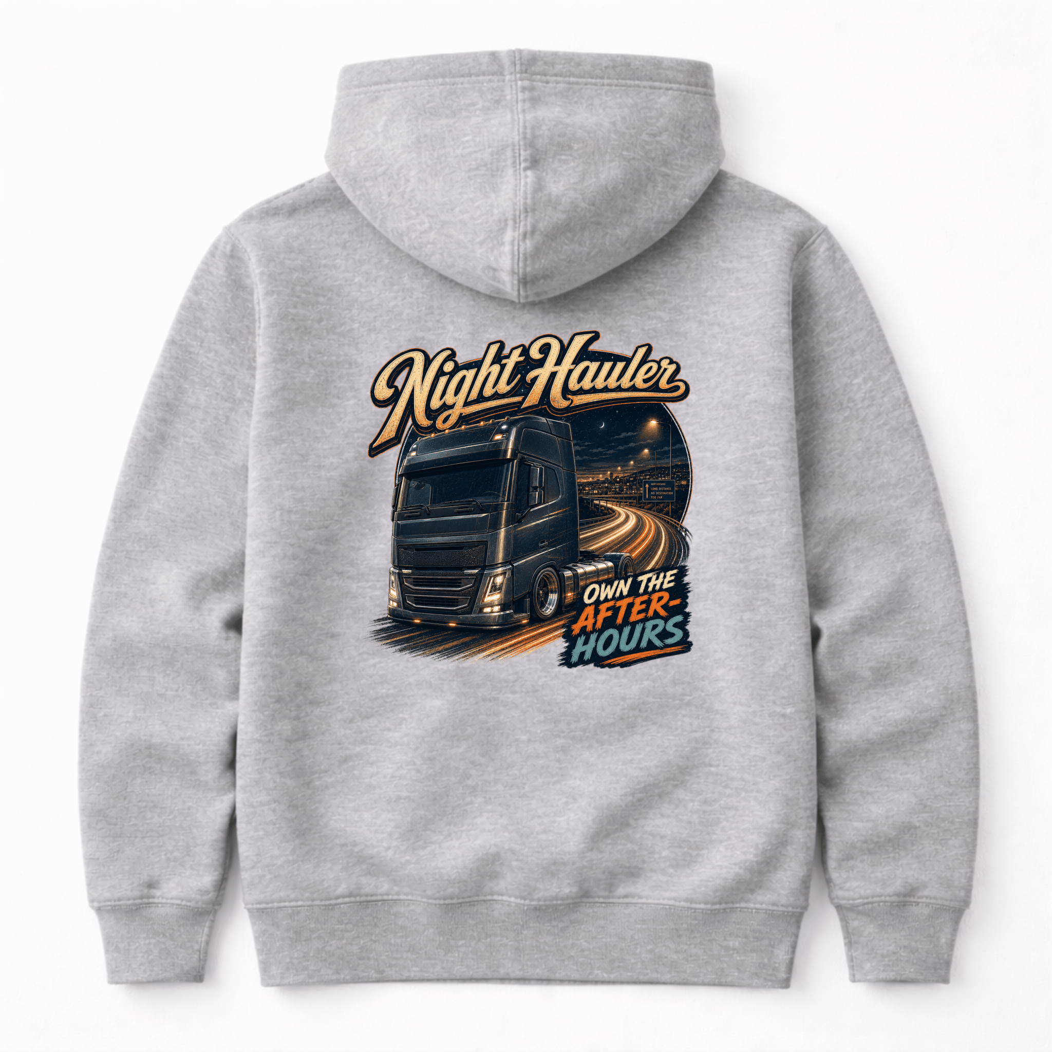 Camberline Night Hauler Hoodie showing the back graphic print for lorries and haulage clothing