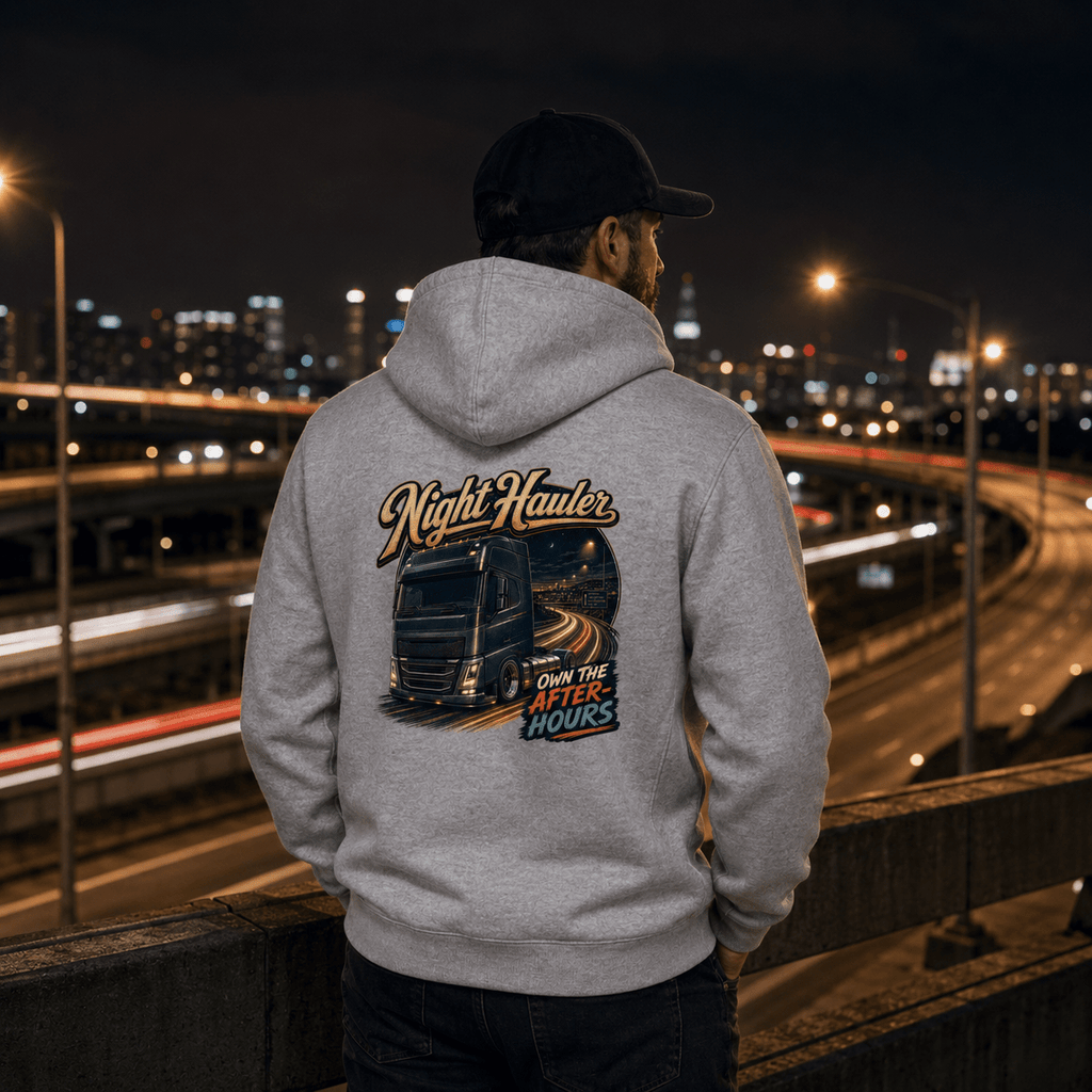 Model wearing the Camberline Night Hauler Hoodie with lorry graphic clothing design