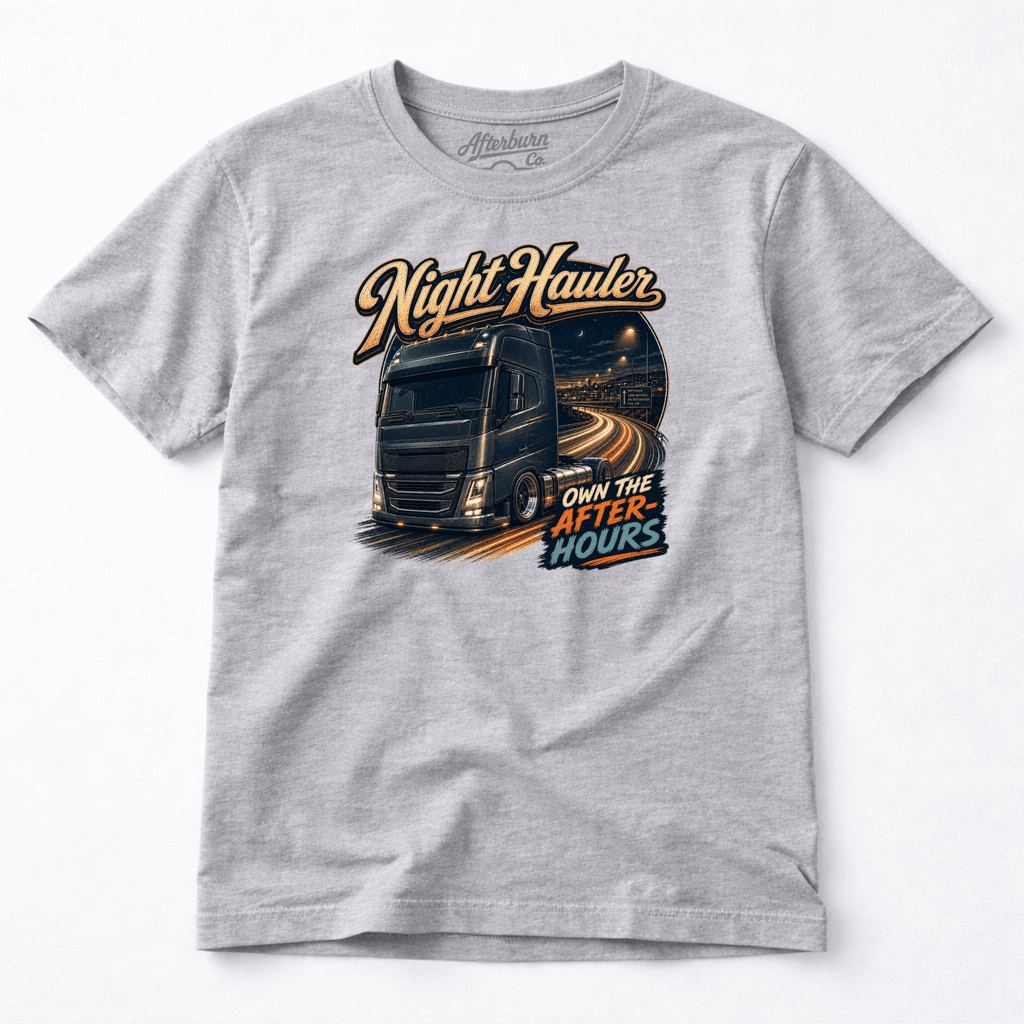 Camberline Night Hauler T-Shirt showing the front graphic print for lorries and haulage clothing