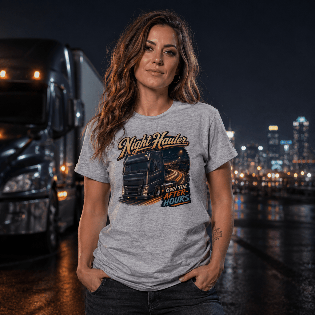 Model wearing the Camberline Night Hauler T-Shirt with lorry graphic clothing design