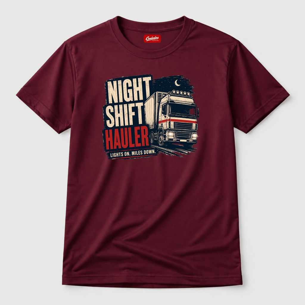 Maroon t-shirt featuring an illustration of a white lorry driving at night under a crescent moon with the text Night Shift Hauler.