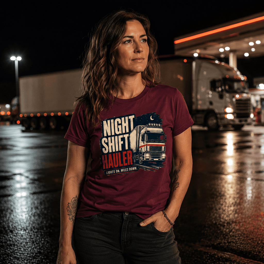 Woman wearing a Maroon t-shirt featuring an illustration of a white lorry driving at night under a crescent moon with the text Night Shift Hauler.
