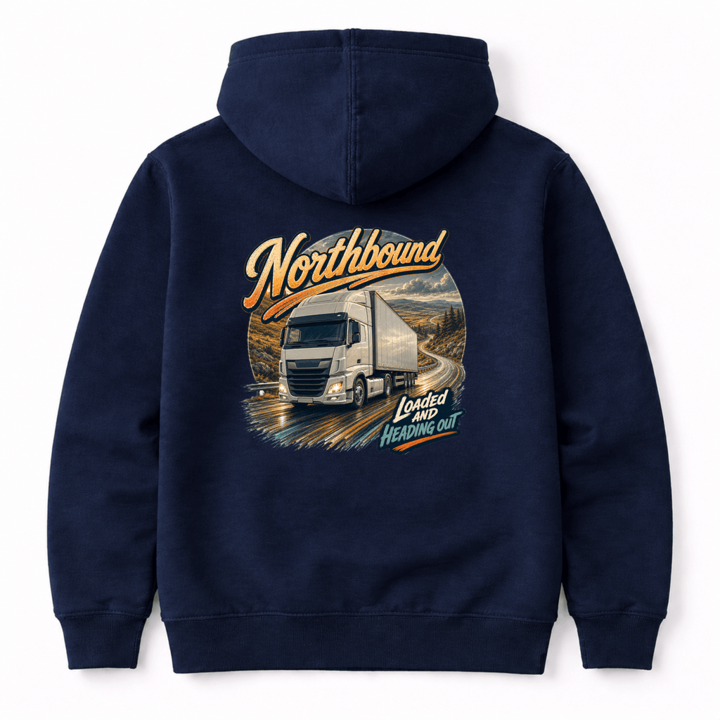 Camberline Northbound Box Truck Hoodie showing the back graphic print for lorries and haulage clothing