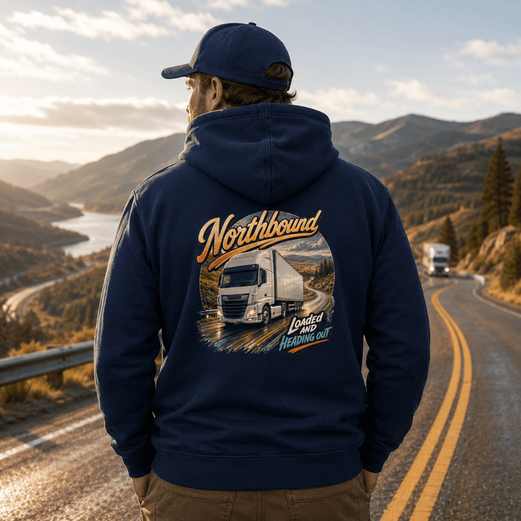 Model wearing the Camberline Northbound Box Truck Hoodie with lorry graphic clothing design