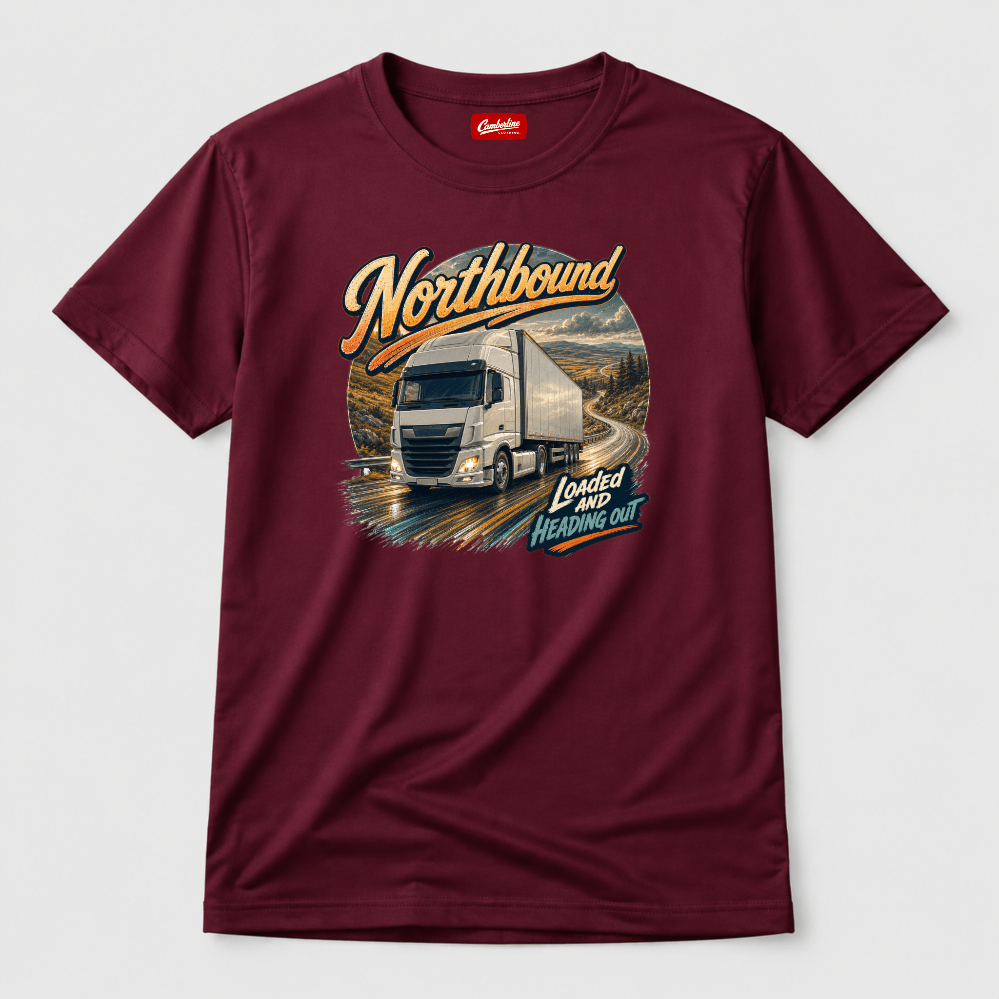 Camberline Northbound Box Truck T-Shirt showing the front graphic print for lorries and haulage clothing