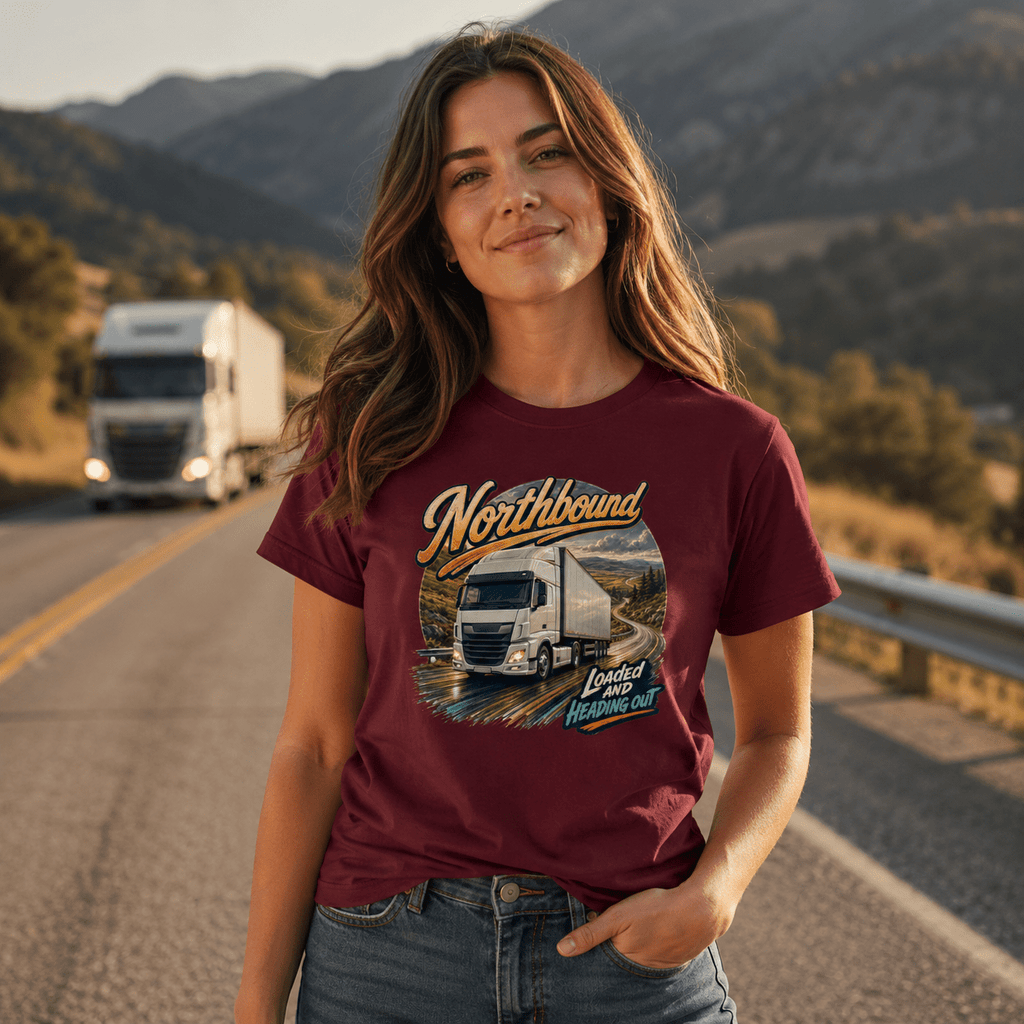 Model wearing the Camberline Northbound Box Truck T-Shirt with lorry graphic clothing design