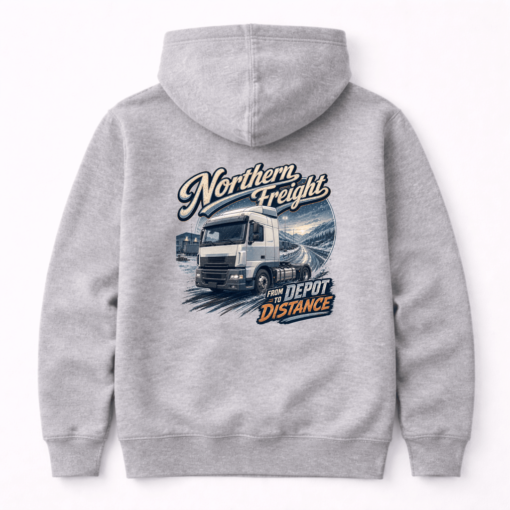 Camberline Northern Freight Hoodie showing the back graphic print for lorries and haulage clothing