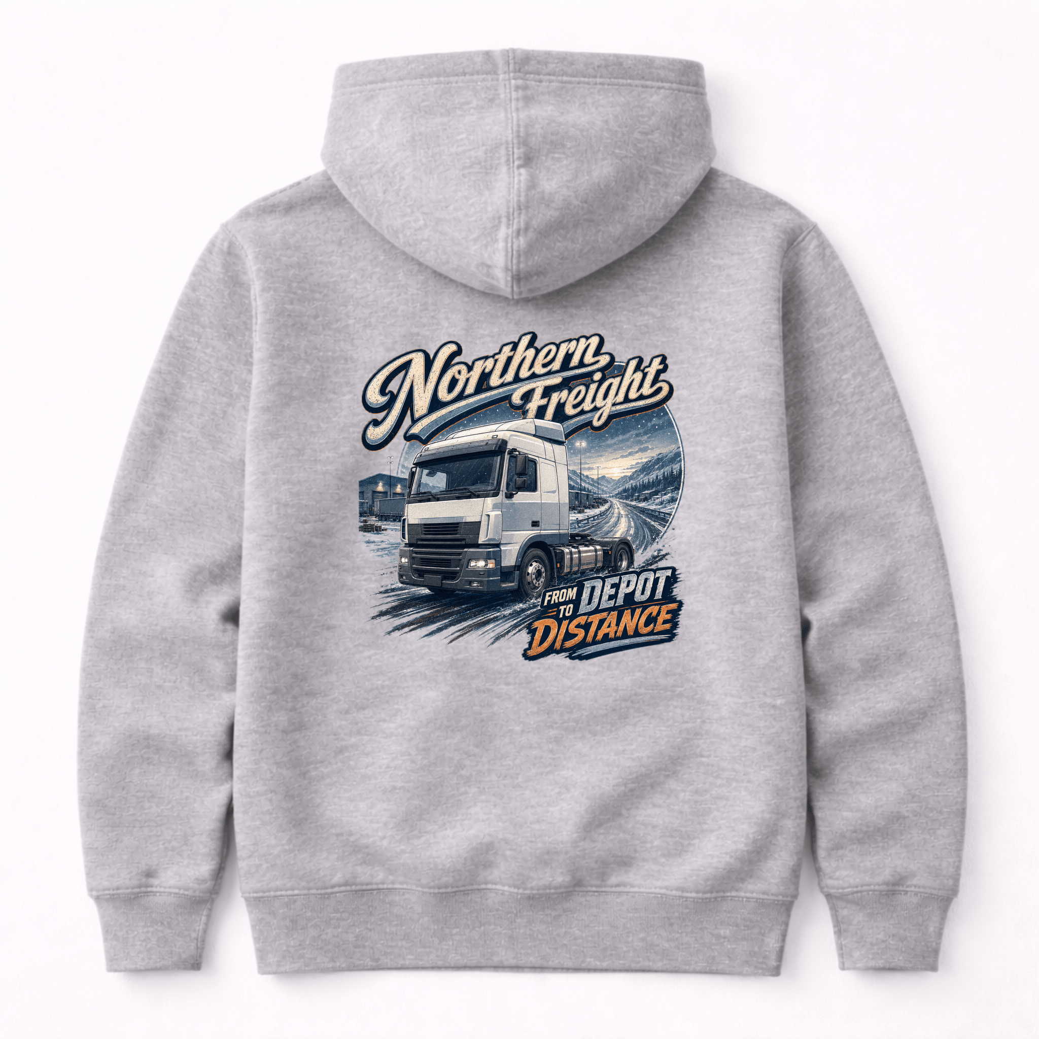 Camberline Northern Freight Hoodie showing the back graphic print for lorries and haulage clothing
