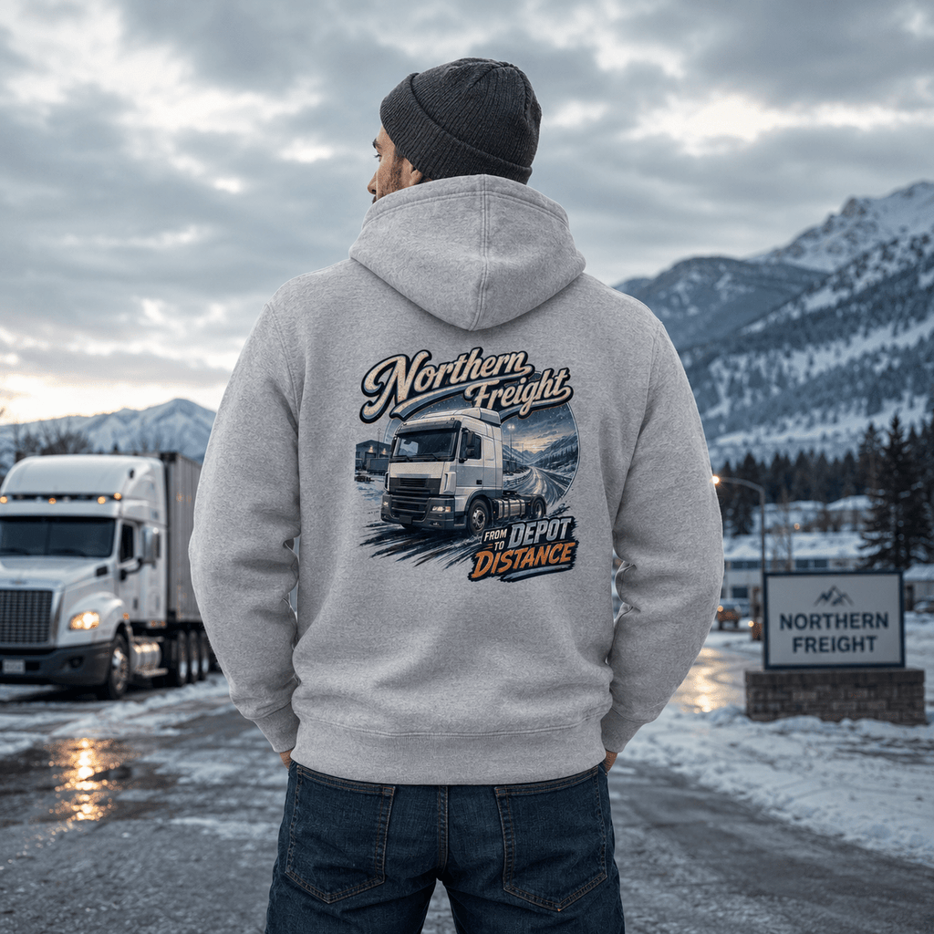 Model wearing the Camberline Northern Freight Hoodie with lorry graphic clothing design