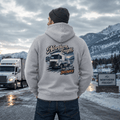 Model wearing the Camberline Northern Freight Hoodie with lorry graphic clothing design