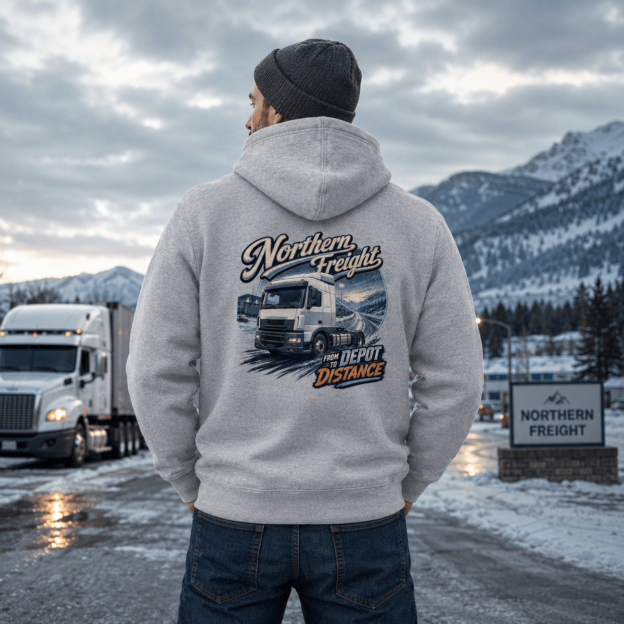 Model wearing the Camberline Northern Freight Hoodie with lorry graphic clothing design