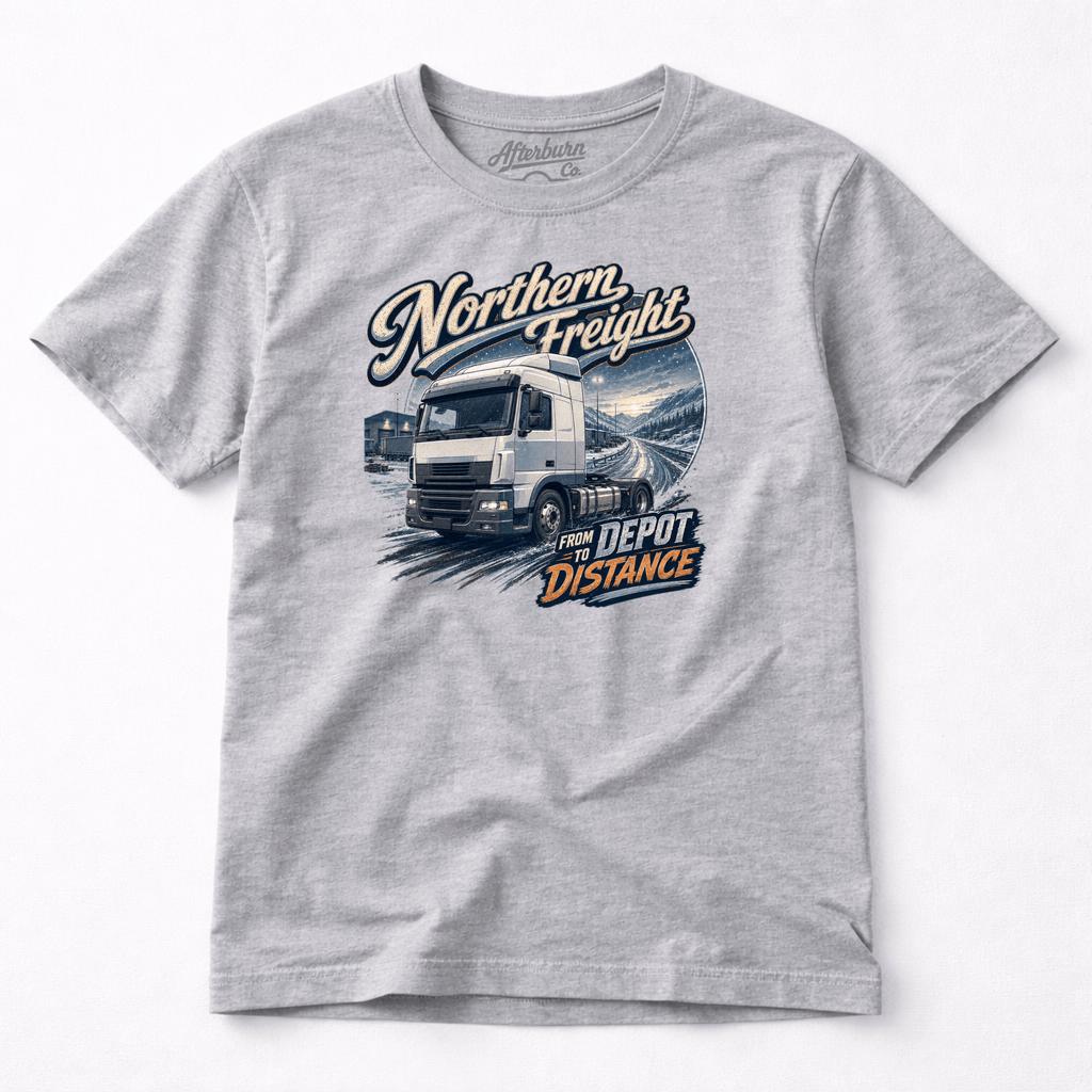 Camberline Northern Freight T-Shirt showing the front graphic print for lorries and haulage clothing