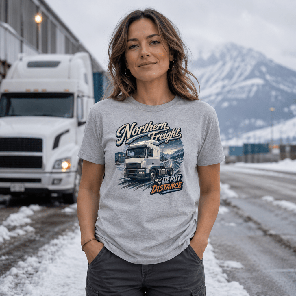 Model wearing the Camberline Northern Freight T-Shirt with lorry graphic clothing design