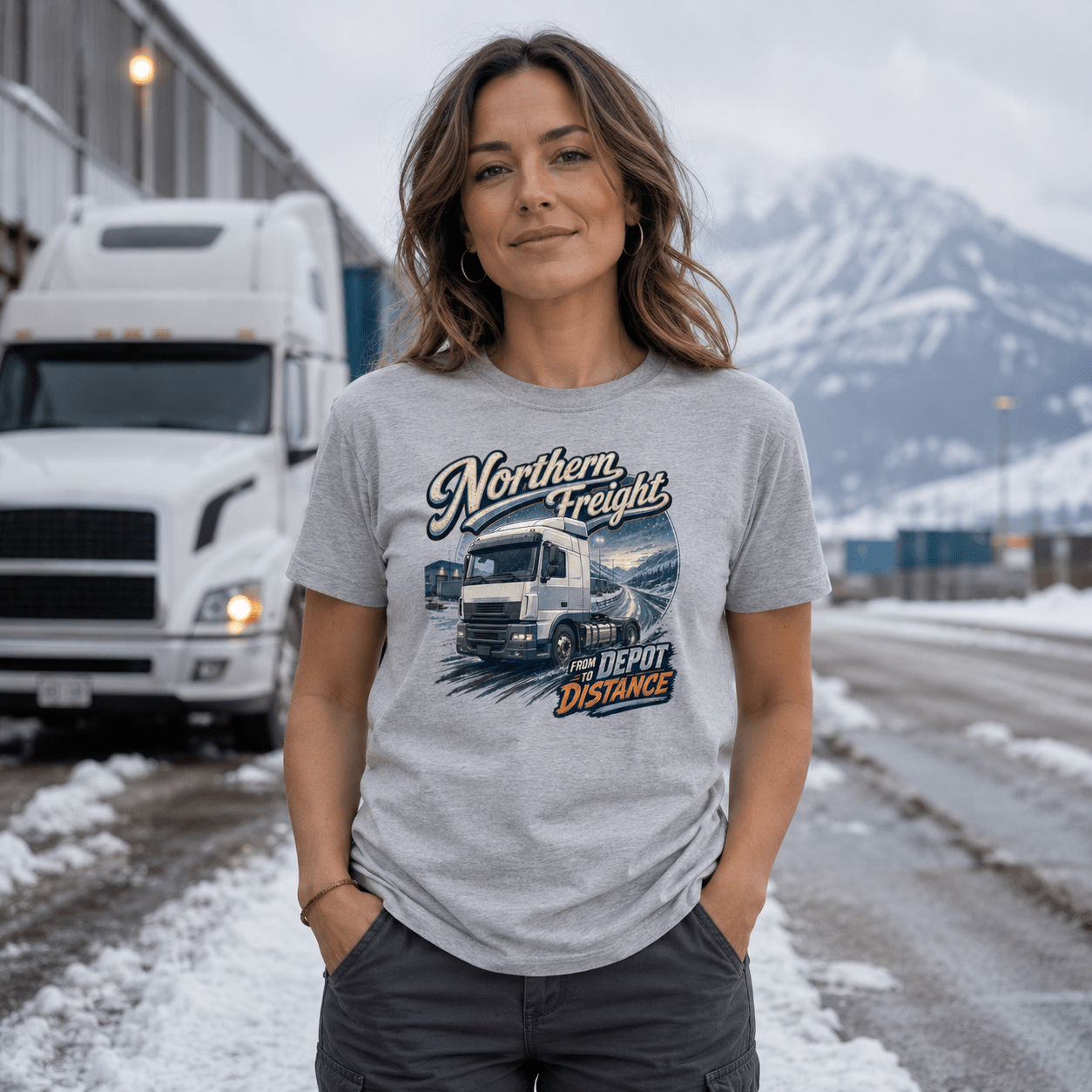 Model wearing the Camberline Northern Freight T-Shirt with lorry graphic clothing design