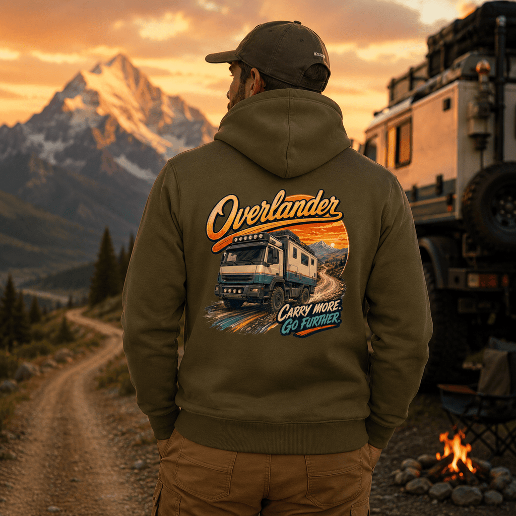 Model wearing the Camberline Overlander Expedition Truck Hoodie with lorry graphic clothing design