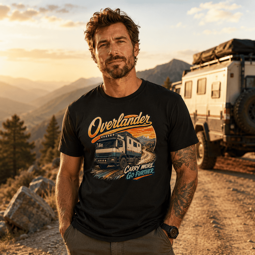 Model wearing the Camberline Overlander Expedition Truck T-Shirt with lorry graphic clothing design