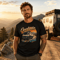 Model wearing the Camberline Overlander Expedition Truck T-Shirt with lorry graphic clothing design