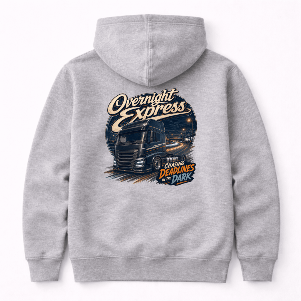 Camberline Overnight Express Lorry Hoodie showing the back graphic print for lorries and haulage clothing