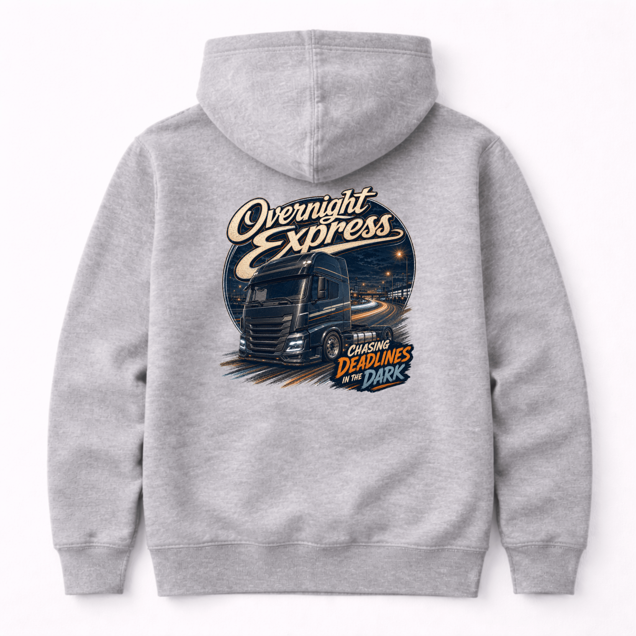Camberline Overnight Express Lorry Hoodie showing the back graphic print for lorries and haulage clothing