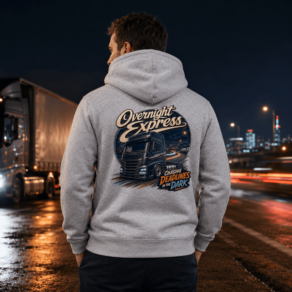 Model wearing the Camberline Overnight Express Lorry Hoodie with lorry graphic clothing design