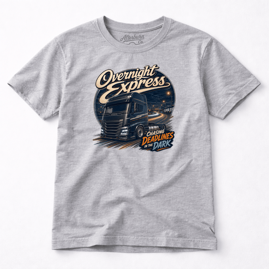 Camberline Overnight Express Lorry T-Shirt showing the front graphic print for lorries and haulage clothing