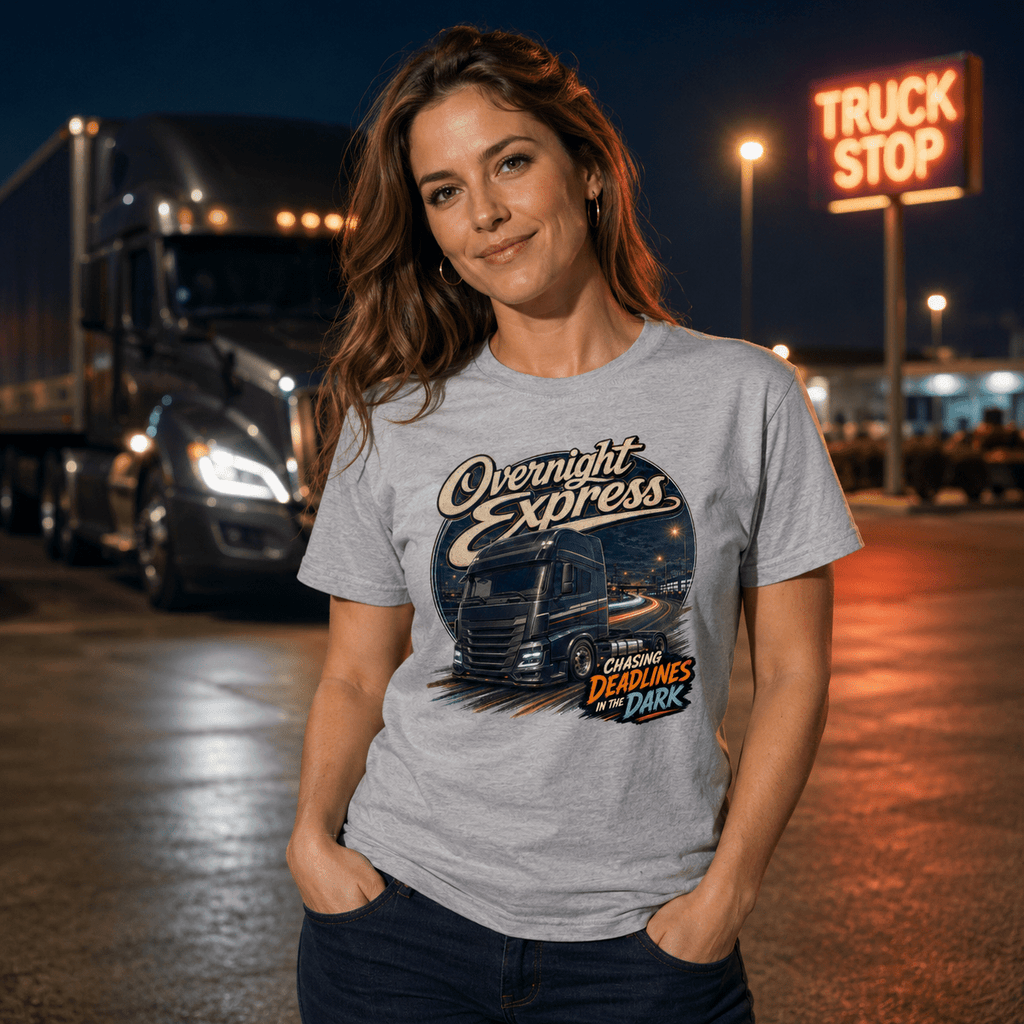 Model wearing the Camberline Overnight Express Lorry T-Shirt with lorry graphic clothing design
