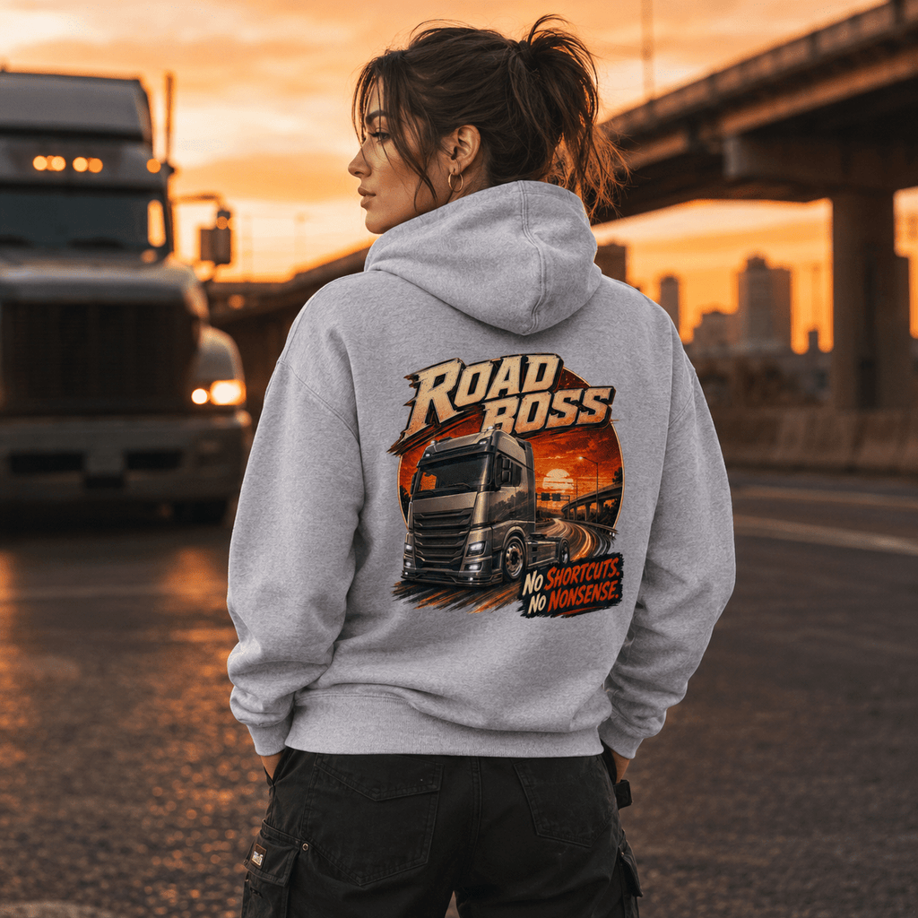 Model wearing the Camberline Road Boss Lorry Hoodie with lorry graphic clothing design