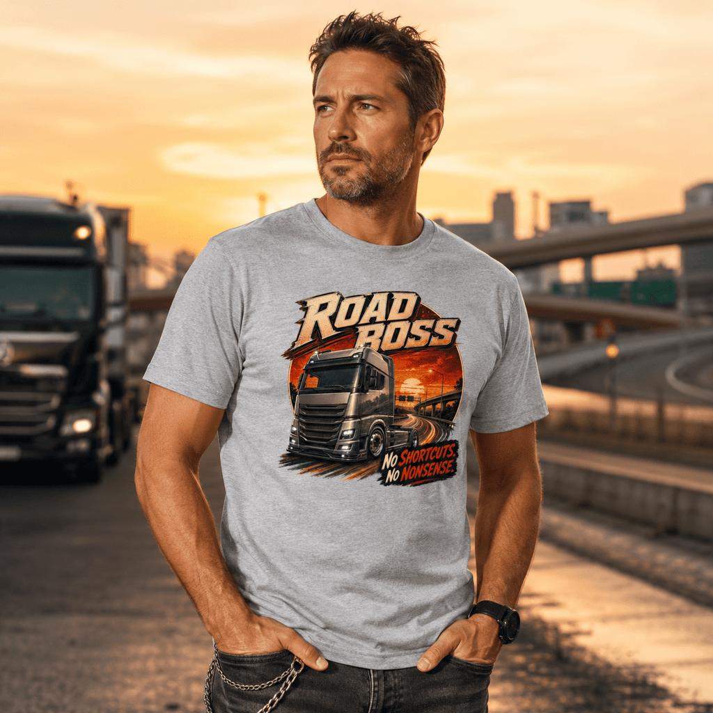Model wearing the Camberline Road Boss Lorry T-Shirt with lorry graphic clothing design