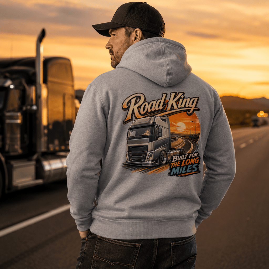 Model wearing the Camberline Road King Lorry Hoodie with lorry graphic clothing design