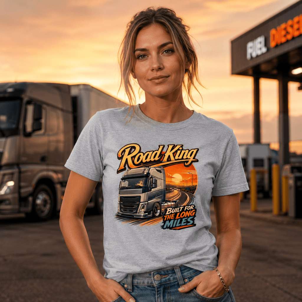 Model wearing the Camberline Road King Lorry T-Shirt with lorry graphic clothing design