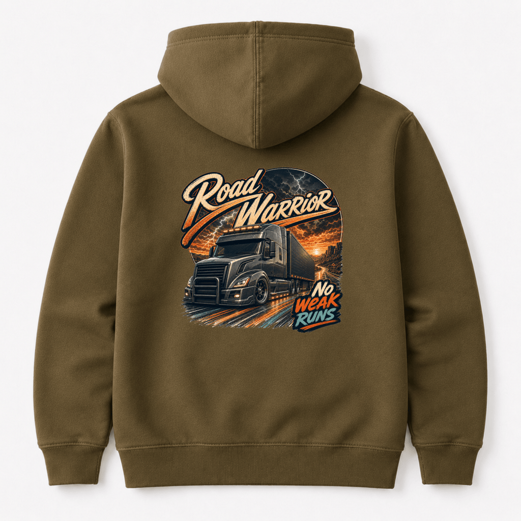 Camberline Road Warrior Curtainside Hoodie showing the back graphic print for lorries and haulage clothing