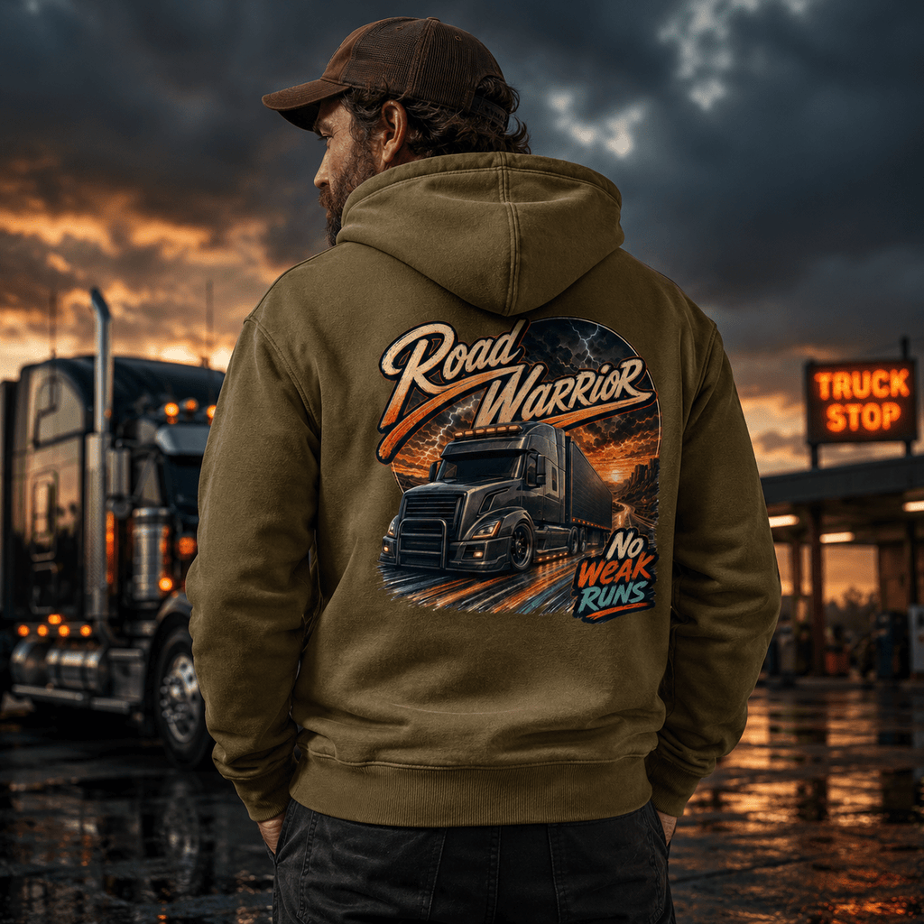 Model wearing the Camberline Road Warrior Curtainside Hoodie with lorry graphic clothing design
