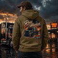 Model wearing the Camberline Road Warrior Curtainside Hoodie with lorry graphic clothing design