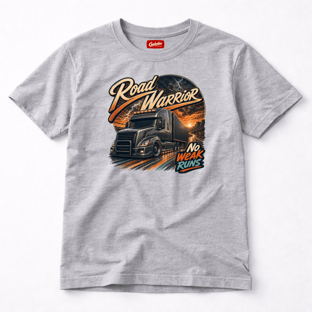Camberline Road Warrior Curtainside T-Shirt showing the front graphic print for lorries and haulage clothing