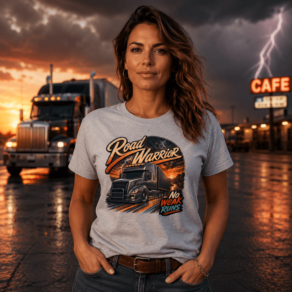 Model wearing the Camberline Road Warrior Curtainside T-Shirt with lorry graphic clothing design
