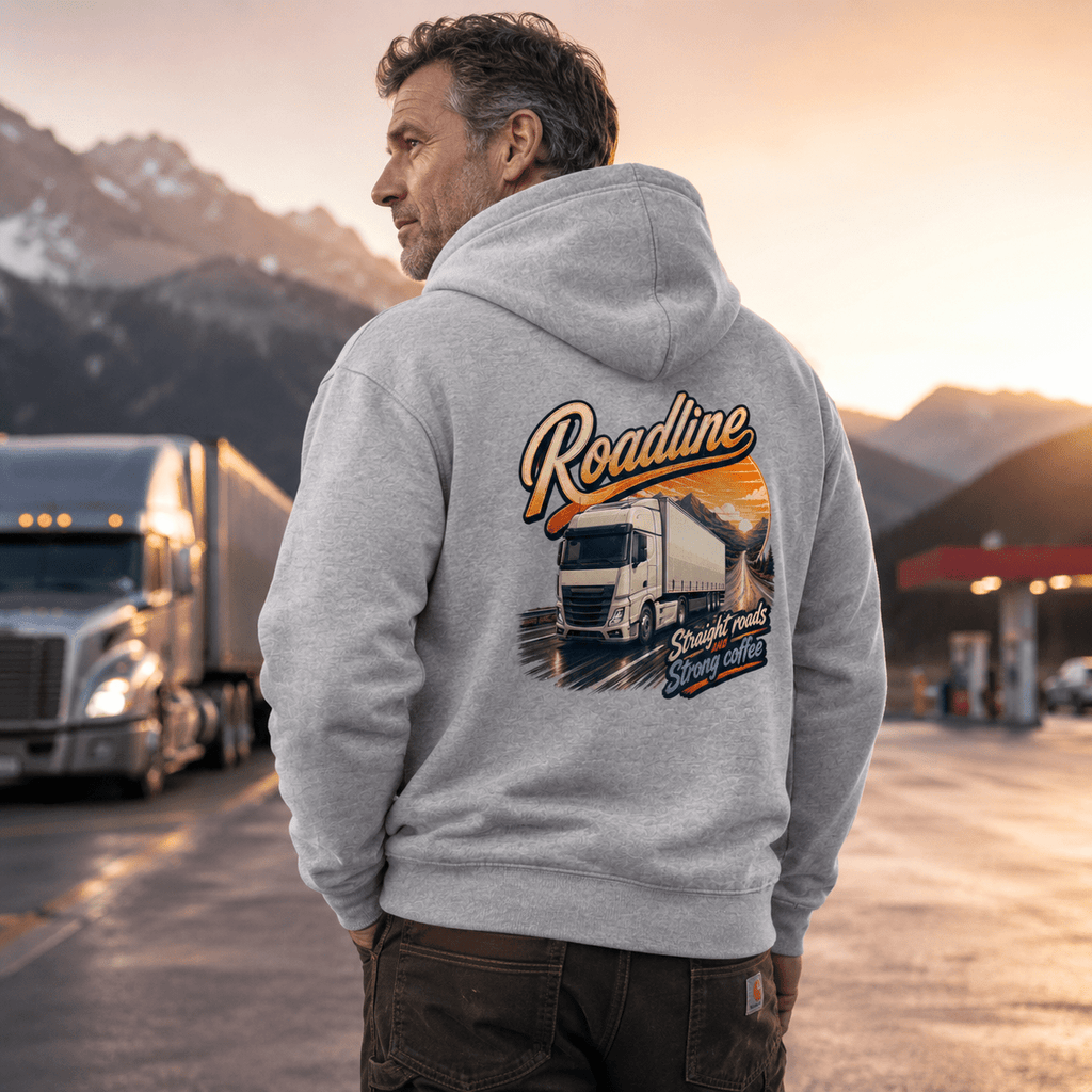 Model wearing the Camberline Roadline Refrigerated Truck Hoodie with lorry graphic clothing design