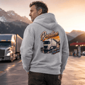 Model wearing the Camberline Roadline Refrigerated Truck Hoodie with lorry graphic clothing design