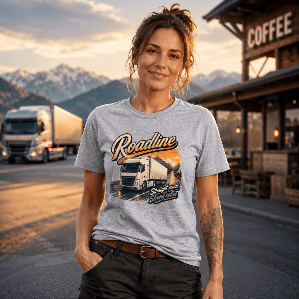Model wearing the Camberline Roadline Refrigerated Truck T-Shirt with lorry graphic clothing design
